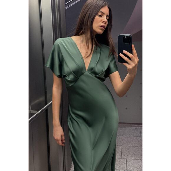 NWT Zara Green Satin Slip Midi Dress Sz Large Short Sleeve Cocktail Quiet Luxury - Picture 8 of 14